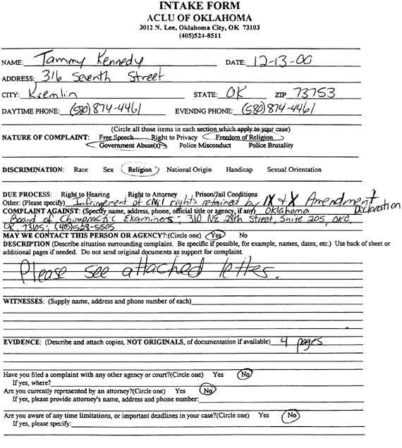 COMPLAINT AGAINST: Oklahoma Board of Chiropractic Examiners ...